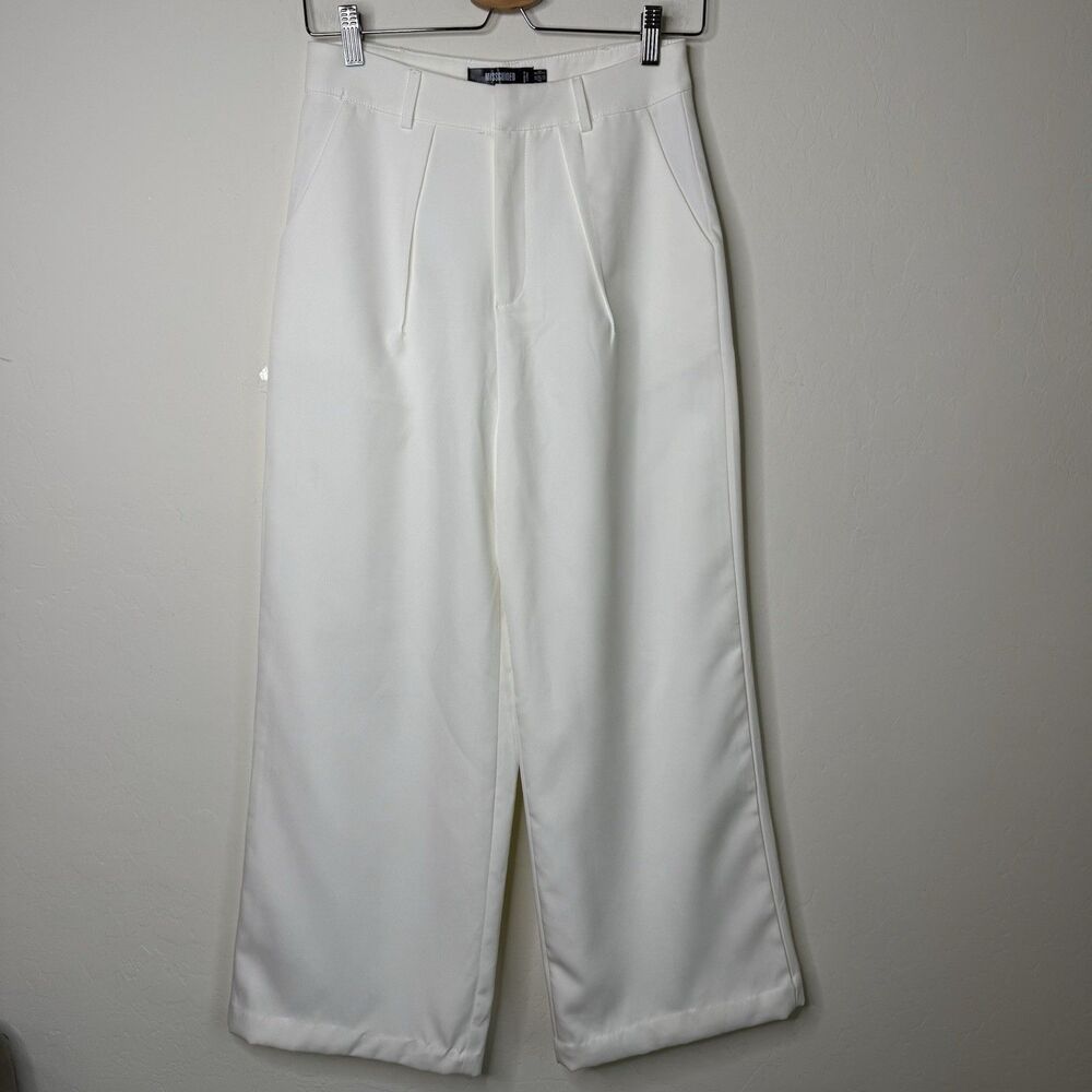 Missguided Women’s Sz 4 Wide Leg Ivory Trousers Dress Pants Pockets Minimalist
